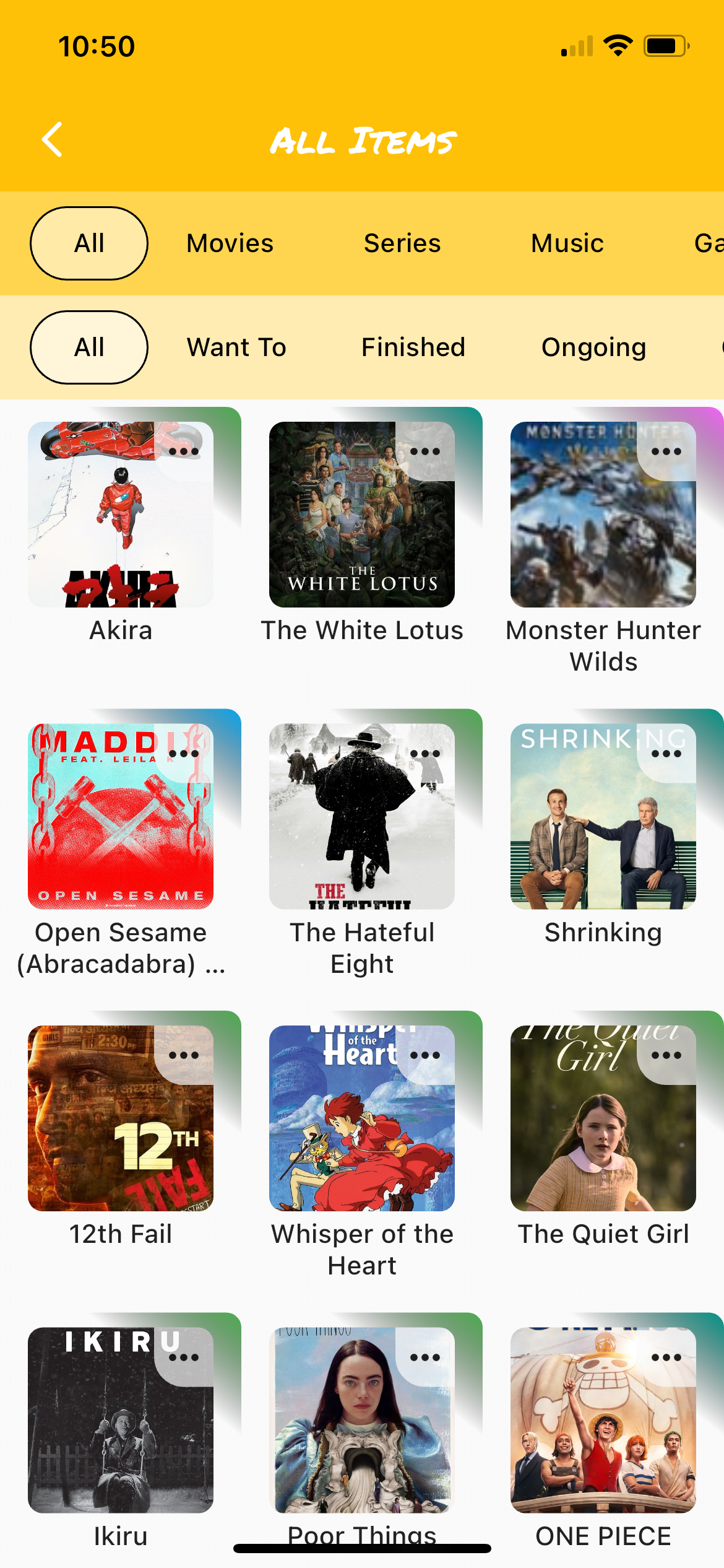 Poplog app showing grid view of media items including movies, TV shows, and games