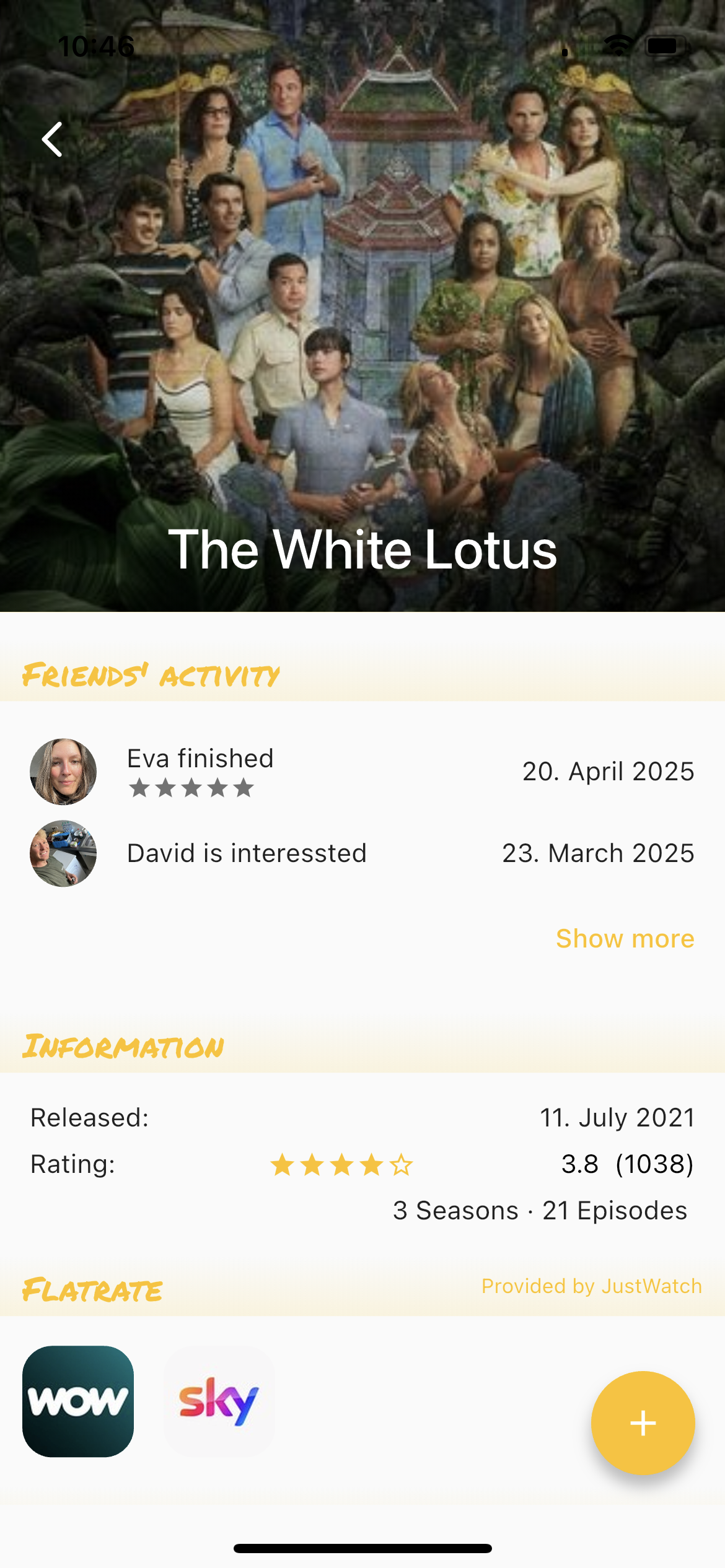 Poplog app showing detailed view of media item with friends who have logged it