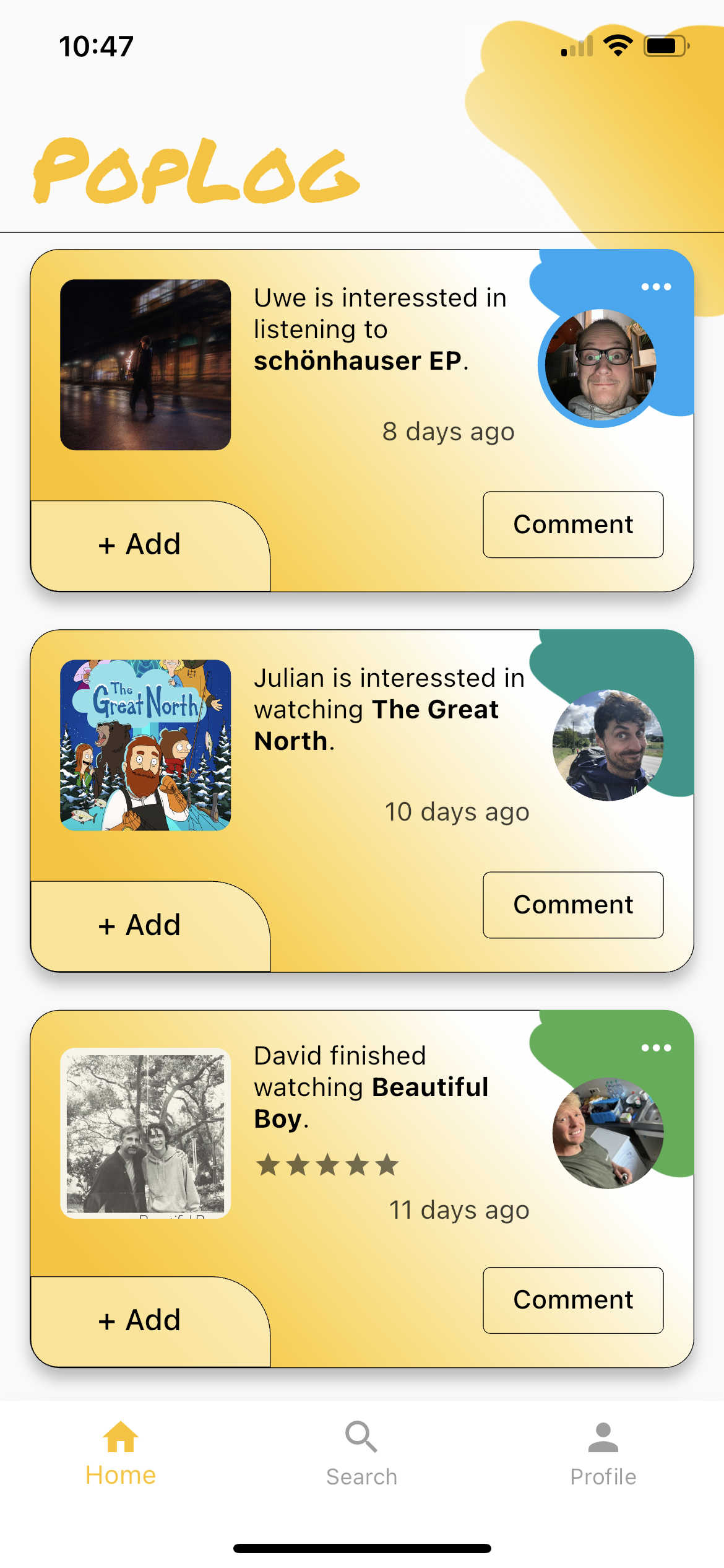 Poplog app showing friends feed with recent activity from connected users