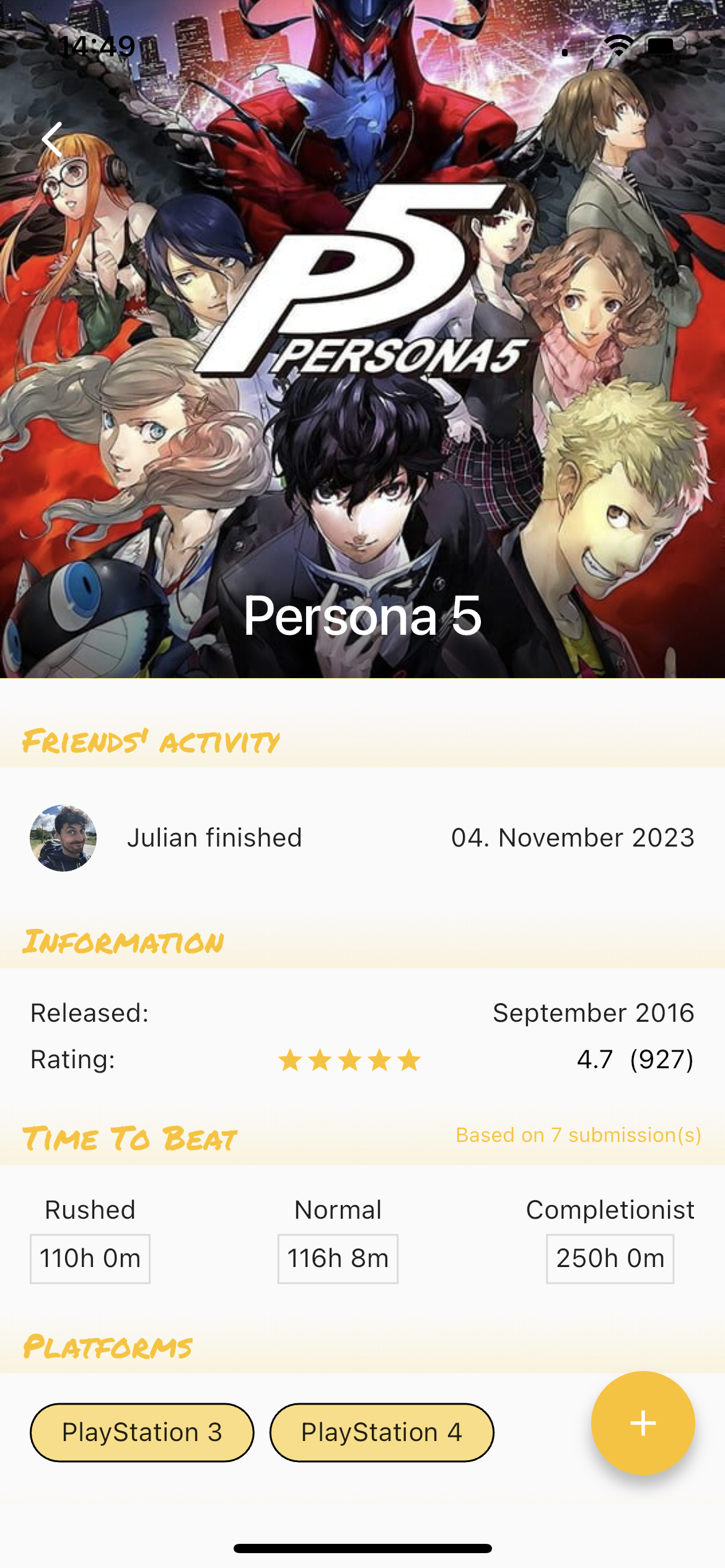 Poplog app showing detailed view of a game