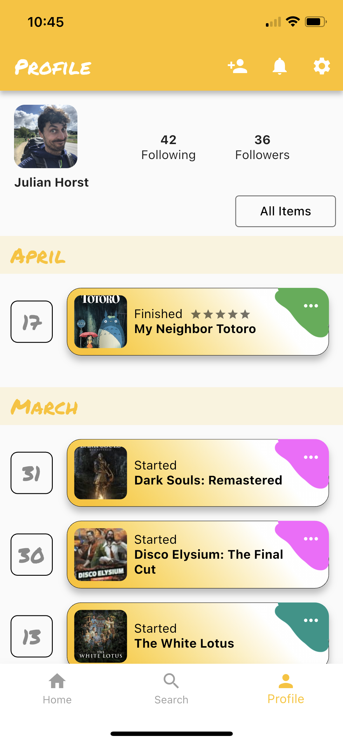 Poplog app profile page showing user's media history and statistics