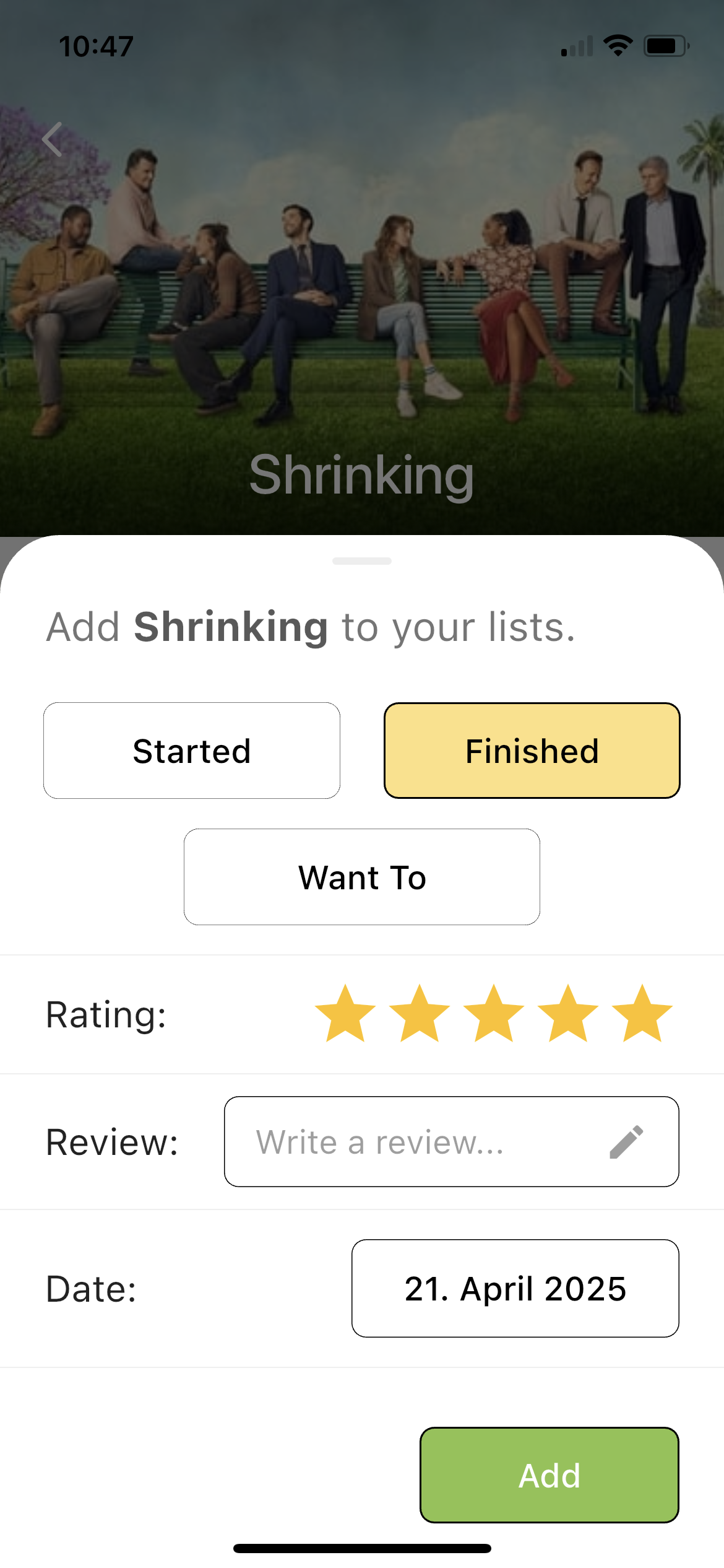Poplog app rating interface showing star rating system for media content