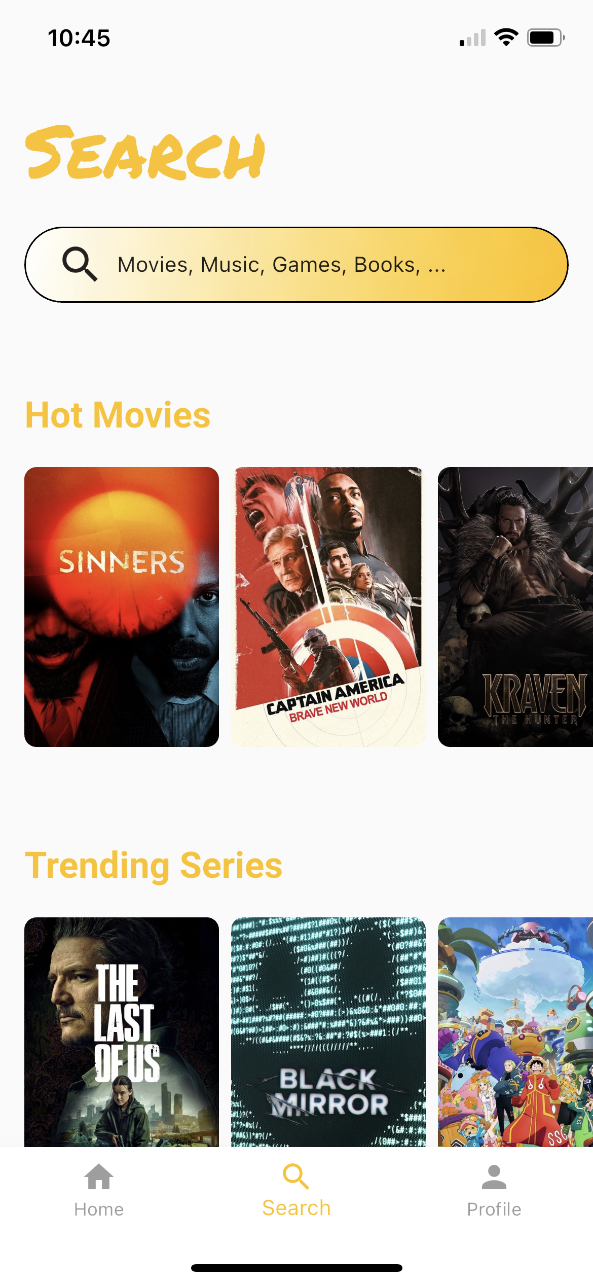 Poplog app search interface showing search results for media content